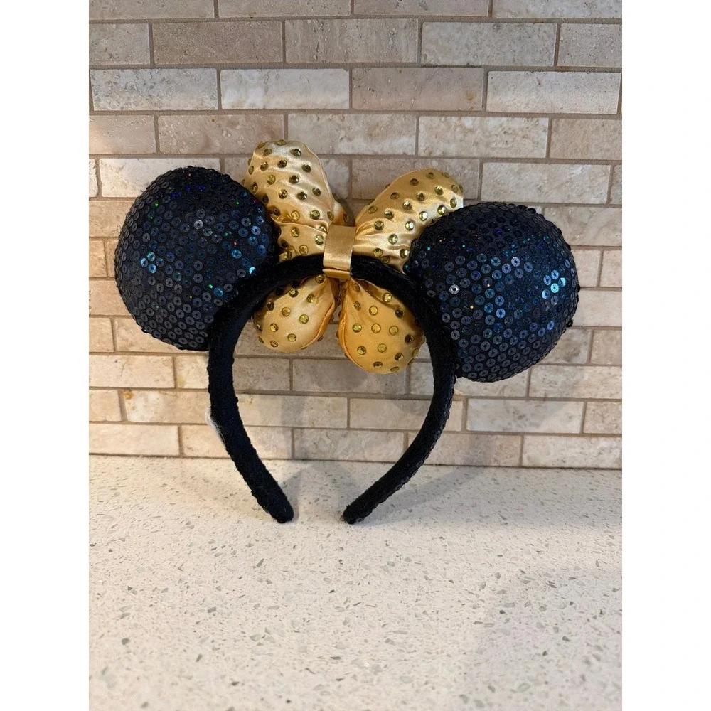 Disney Parks Minnie Mouse Ears Headband Black Sequin Gold Bow‎ Rhinestone